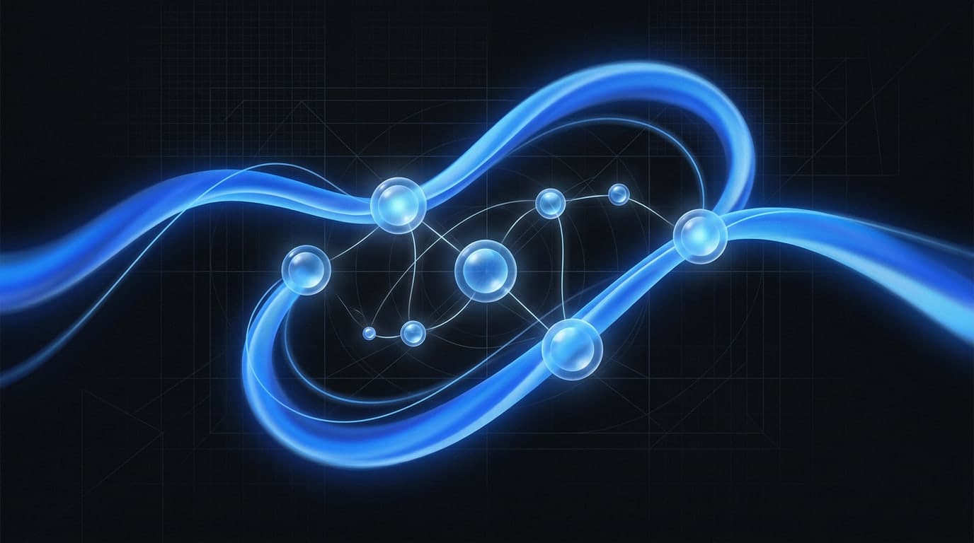 Glowing blue light curves weaving through connected nodes, representing asynchronous JavaScript